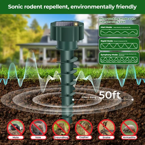 Miniatura 5 de Estacas solares repelentes de topos para exteriores, disuasorio ultrasónico de serpientes, toquetas y campañoles para patio, repelente de animales