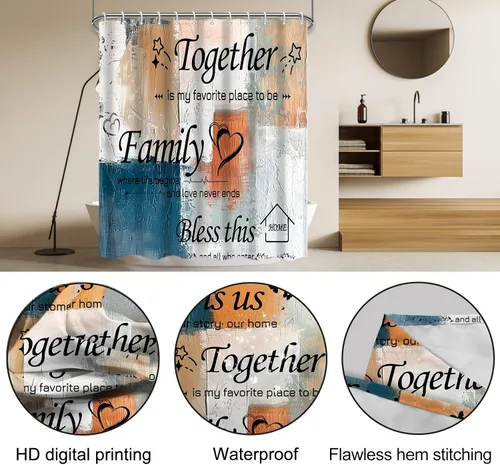 Miniatura 3 de Lnond Juego de 4 Piezas de Cortinas de Ducha para Baño con Alfombras, Azul y Naranja Motivacional Hogar Familia Juegos de Baño con Cortina de Ducha