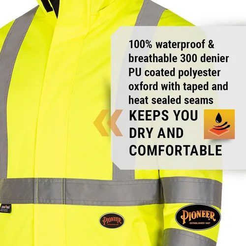 Miniatura 3 de Pioneer Hi Vis - Chaqueta impermeable de seguridad 2 en 1 para hombres y mujeres, se invierte a un acolchado negro, equipo impermeable reflectante