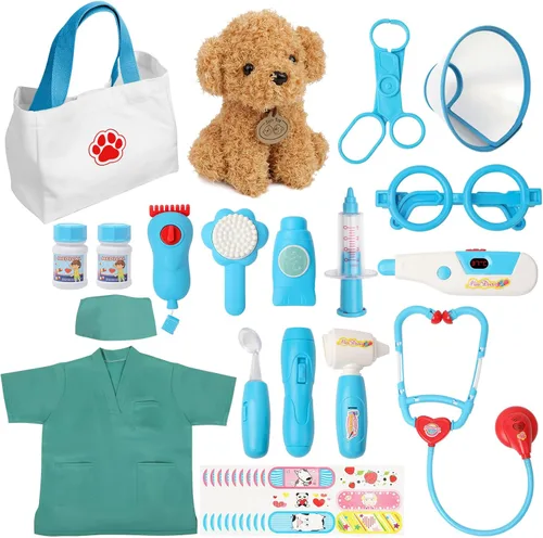 Liberry Kit de médico para niños pequeños de 3, 4, 5, 6 años, 28 piezas con juguete para perro, estetoscopio y disfraz de disfraz, regalo médico de