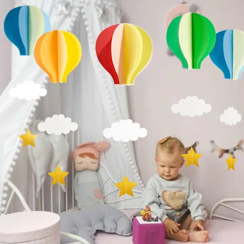 Miniatura 3 de Colorido globo aerostático colgante de papel decorativo (paquete de 4) - Globo grande de aire caliente con nubes estrellas colgantes guirnalda