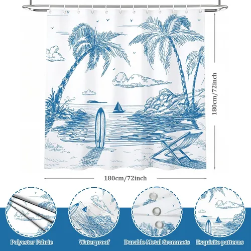 Miniatura 2 de MEHOFOND Cortina de ducha de surf, tabla de surf retro, diseño de palmeras tropicales, sala de estar, silla de verano para playa, tela de poliéster