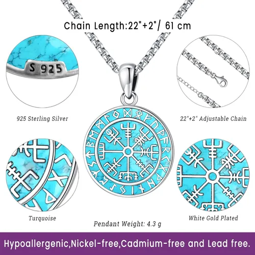 Miniatura 63 de Joyas de turquesa para mujeres y hombres de plata de ley 925 con colgante de urna para cenizas, collar con medallón de imagen, martillo de Thor