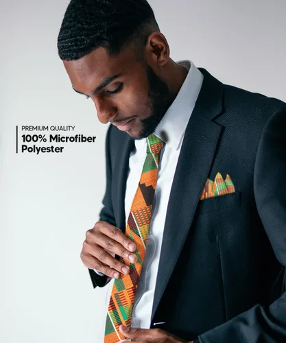 Miniatura 29 de Juego de corbata Kente con estampado africano y animal y pañuelo de bolsillo a juego