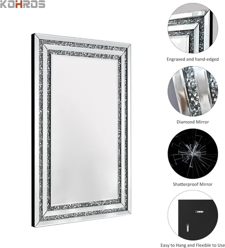 Miniatura 4 de KOHROS Crush Diamond Espejo de baño de 36 x 24 pulgadas, espejos de cristal para decoración de pared, espejo de pared rectangular para baño, entrada