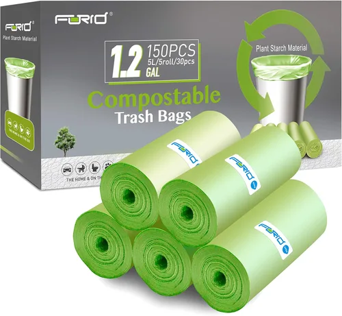 Miniatura 7 de FORID Bolsas de basura compostables de 2.6 galones, 150 unidades, 5 rollos, bolsas de basura verdes, pequeñas, duraderas, gruesas, sin perfume, 10