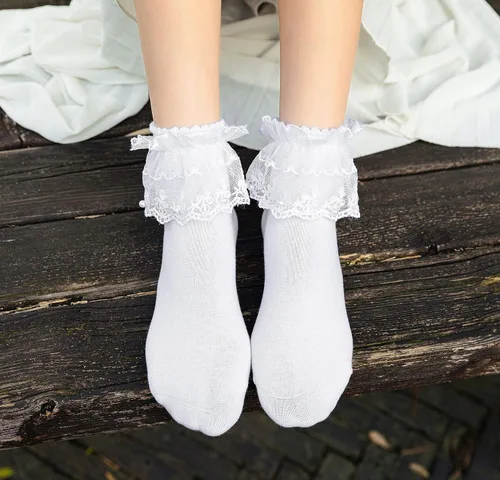 Miniatura 2 de SEMOHOLLI Calcetines de tobillo para mujer, con volantes de encaje con perlas, cómodos, no visibles, de algodón, calcetines de princesa, calcetines