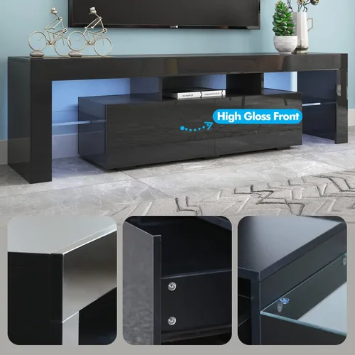 Miniatura 6 de Soporte de TV negro con 2 estantes de almacenamiento y 3 estantes abiertos, TV LED de alto brillo, centro de entretenimiento de TV, consola de TV