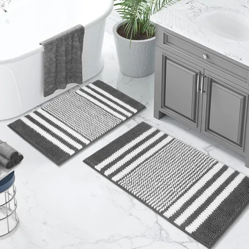 Miniatura 8 de Juego de alfombras de baño Tindbea 2 piezas, extra suave y absorbente, felpudo de baño de chenilla a rayas esponjosas, antideslizante, lavable a