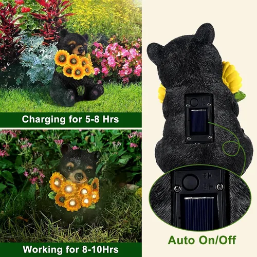 Miniatura 3 de Luces solares de jardín para exteriores, estatuas de oso negro con girasoles, decoración de escultura, regalos de madre para mujeres, hombres