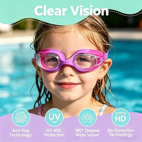 Miniatura 3 de Gafas de natación para niños, paquete de 2 gafas de natación de protección completa, sin fugas, antivaho para niños de 3 a 14 años Verde y Púrpura