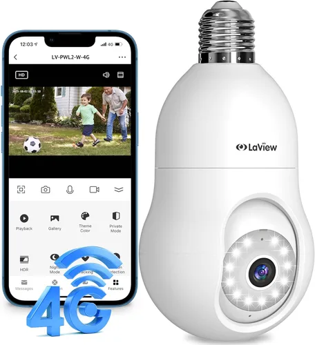 LaView Cámara de seguridad con bombilla celular 4G LTE, cámaras de seguridad de 360° 2K inalámbricas para exteriores e interiores, 4MP a todo color