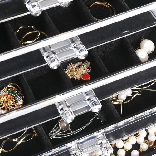 Miniatura 4 de Frebeauty Organizador de joyas de acrílico, caja organizadora de aretes con 5 cajones, organizador de aretes con bandejas de terciopelo, caja
