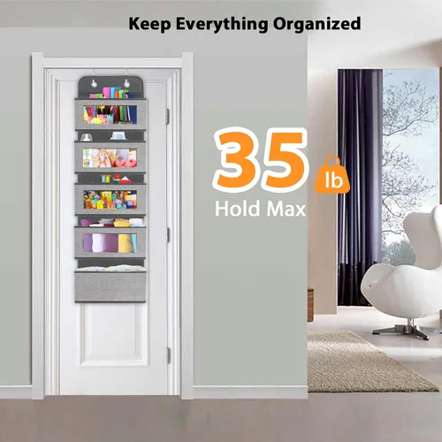 Miniatura 7 de Organizador colgante para colgar sobre la puerta con 5 bolsillos grandes, ventanas transparentes de montaje en pared y 2 ganchos de metal ampliados