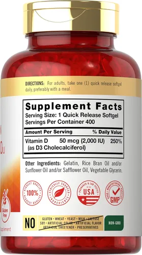 Miniatura 2 de Carlyle Vitamina D3 2000IU cápsulas blandas 400 unidades Fórmula sin OMG, sin gluten 50 mcg Suplemento de vitamina D