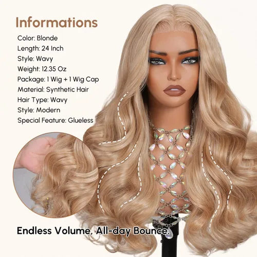 Miniatura 3 de Peluca de cabello sintético rubio de 13 x 6, con encaje frontal, sin pegamento, ondulado, rubio prearrancado, encaje transparente HD, transpirable