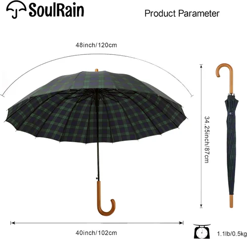 Miniatura 30 de SoulRain Paraguas de palo de 16 varillas de 48 pulgadas, apertura automática, color sólido, moderno y simple, mango de madera clásico de arco