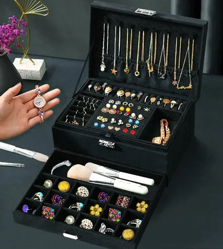 Miniatura 5 de QBestry Caja organizadora de joyas para mujeres y hombres caja de joyería de terciopelo negro de 3 capas grande de almacenamiento de joyas
