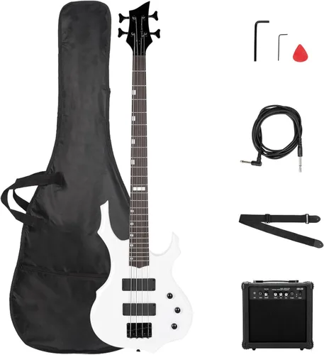 Miniatura 14 de Ktaxon Juego de bajo eléctrico de tamaño completo con diseño de llama con amplificador de 20 W, bolsa de bajo portátil, cable de amplificador Negro
