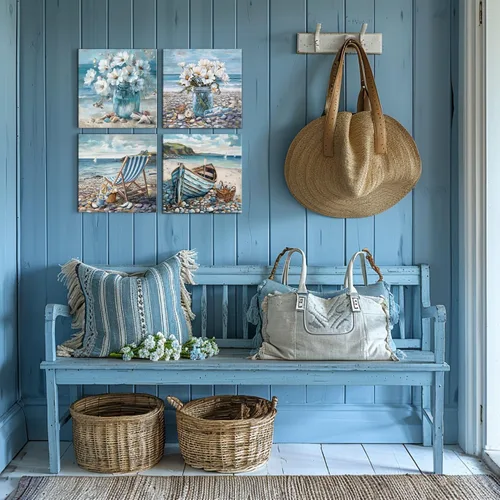 Miniatura 6 de Decoración de baño, arte de pared de playa, tema oceánico, imagen azul, impresión en lienzo, obra de arte costera moderna, enmarcada para colgar