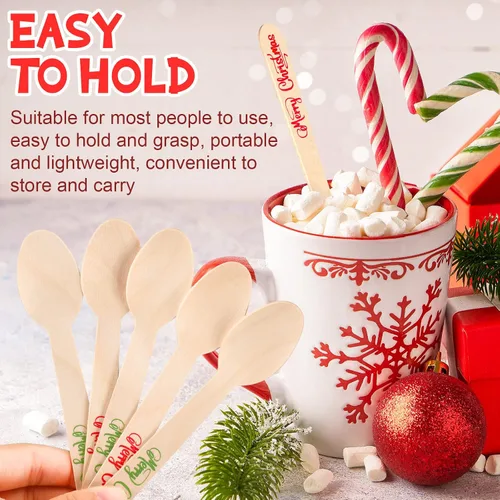 Miniatura 5 de Hoolerry 100 piezas de cucharas de madera desechables para Navidad 5.5'' de cocoa caliente, chocolate, bastón de caramelo, cucharas de degustación