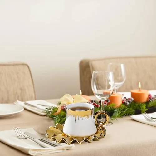 Miniatura 8 de Juego de 6 tazas de café turco de cerámica de 3.5 onzas, tazas y platillos de porcelana para capuchino italiano británico con ribete dorado