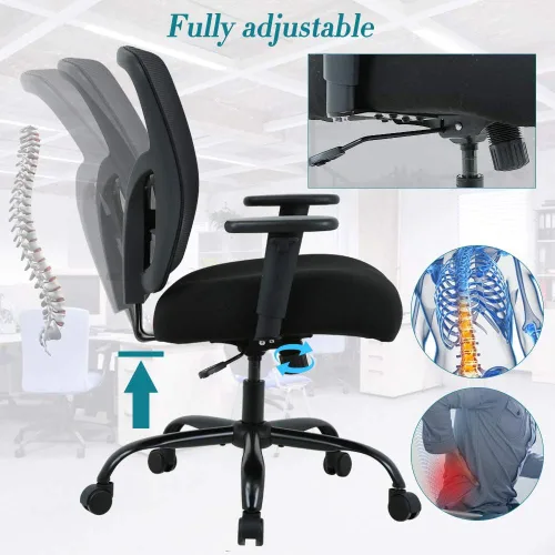 Miniatura 4 de Silla de oficina grande y alta, resistente de 400 libras, silla de escritorio ergonómica de respaldo alto, silla de malla giratoria con soporte Negro