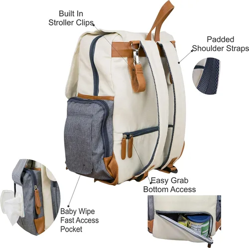 Miniatura 5 de Mochila para pañales con almohadilla para bebé, correas aisladas para cochecito de bebé, dispensador de toallitas acolchadas, bolsas grandes de moda
