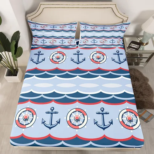 Miniatura 19 de Sábana bajera ajustable de tamaño individual para niños, diseño de animales marinos náuticos, juego de ropa de cama coral bajo el mar, juego de ropa
