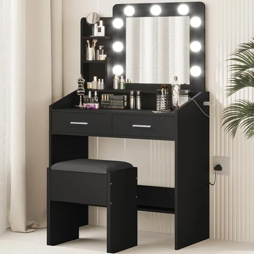 Miniatura 11 de Patikuin Escritorio de tocador con espejo y luces para dormitorio, mesa de maquillaje moderna de mármol blanco con 2 cajones, 3 modos de luz y LED