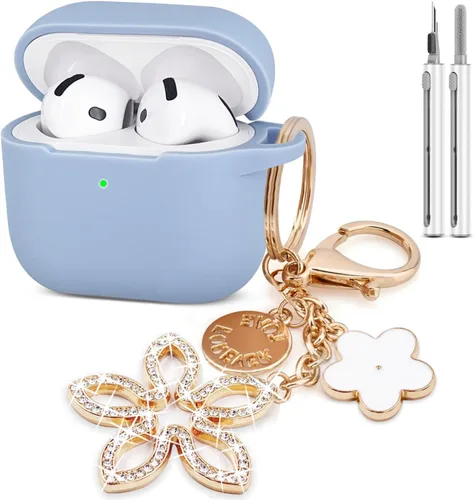 Miniatura 9 de Funda compatible con AirPods 4, funda protectora de silicona para Airpod 4 con llavero brillante, funda para auriculares inalámbricos Apple AirPods