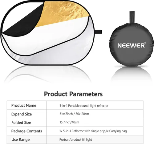 Miniatura 8 de NEEWER Reflectores de luz de 80x120cm para fotografía de 31"x47", portátiles 5 en 1 plegables con bolsa - Difusor translúcido, plateado, dorado
