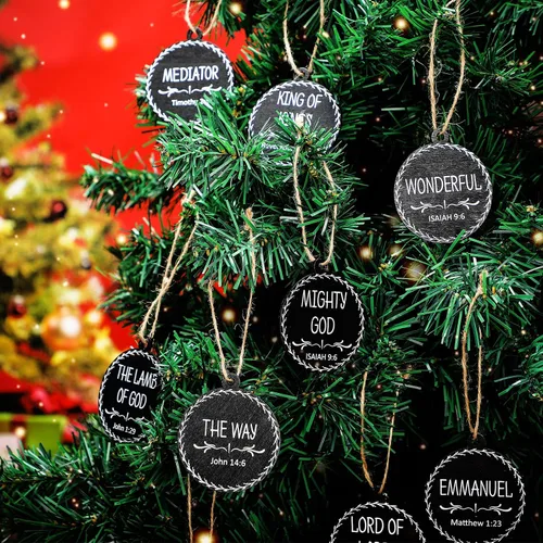 Miniatura 4 de Jetec 48 Piezas Adornos con Nombres de Jesús Cristo Adornos de Navidad Juego de Belén Adorno Redondo de Madera para Navidad Adorno Colgante