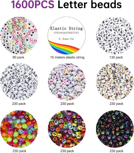 Miniatura 5 de Redtwo Kit de 1600 cuentas de letras, 6 estilos de cuentas coloridas del alfabeto para pulsera, cuentas de cara sonriente con números y cuentas