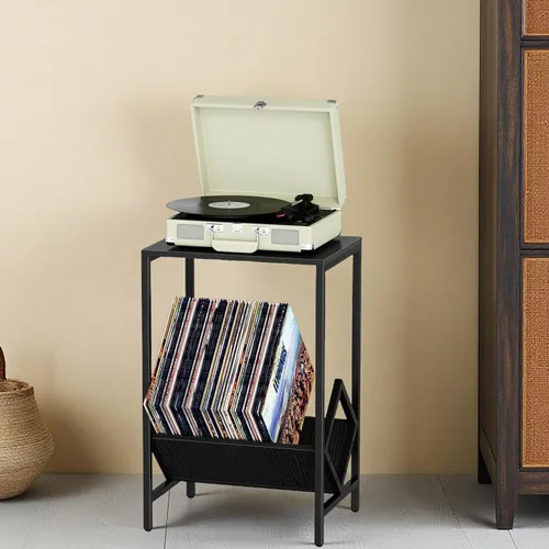 Miniatura 7 de Mesa auxiliar de 2 niveles, mesa auxiliar, soporte para tocadiscos con almacenamiento de hasta 100 álbumes, almacenamiento de discos de vinilo, Negro