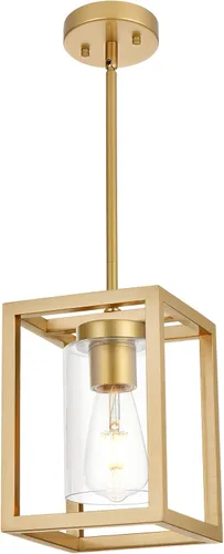 Candelabro rústico de 1 luz con acabado dorado, moderno accesorio de iluminación colgante industrial con pantalla de vidrio transparente, lámpara de