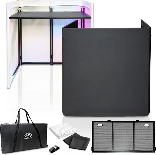AxcessAbles - Cabina de fachada portátil para DJ con estuche de transporte, mesa de 40 x 20 pulgadas, marco de acero y Scrims en blanco y negro,