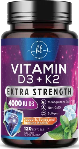 Miniatura 10 de Vitamina D con K2 (MK-7) – Vitamina D3 5000IU (125 mcg) por porción – Suplemento complejo D3K2 para huesos, dientes, músculos, absorción de calcio