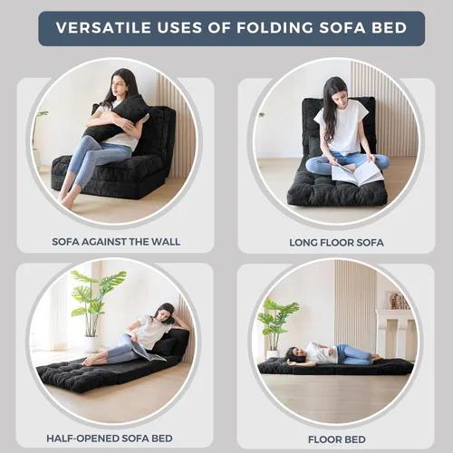Miniatura 4 de MAXYOYO Sofá cama plegable, puf copetudo con almohadas, sofá de suelo para adultos, sofá de piso extra grueso y largo, sofá individual para Negro