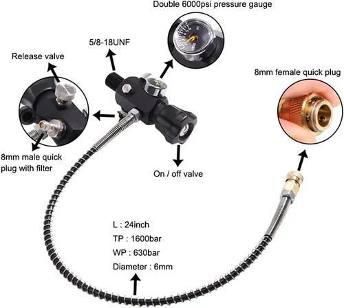 Miniatura 3 de Adaptador de buceo con válvula DIN M18x1.5 con manómetro, válvula de tanque de buceo Pcp 4500psi presión de trabajo con manguera negra de 22