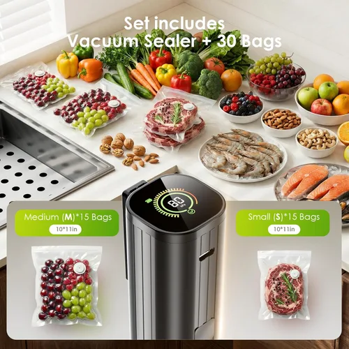 Miniatura 4 de Elxis Sellador al vacío, sellador al vacío portátil de mano + 30 bolsas de vacío reutilizables, sellador de alimentos portátil, con pantalla