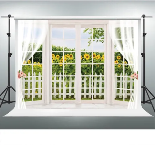 Miniatura 3 de YongFoto Telón de fondo de ventana de primavera de 5 x 3 pies, girasol amarillo, valla de madera rústica, campo, jardín, naturaleza, paisaje, niña