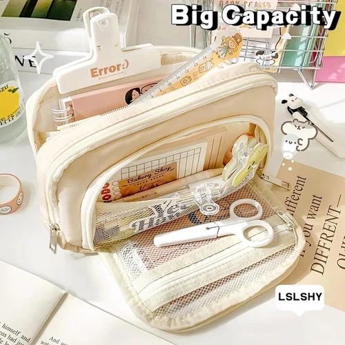Miniatura 5 de LSLSHY Estuche grande de tres capas con cremallera para lápices, suministros de papelería para adolescentes, niñas, niños y estudiantes (beige)