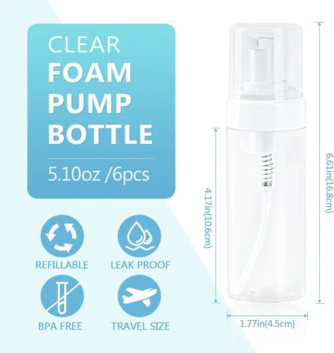 Miniatura 2 de Botella de espuma vacía transparente de 5.1 onzas líquidas, botella de espuma de viaje para jabón, champú, botella dispensadora de espuma