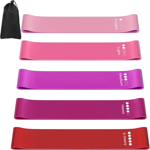 Miniatura 9 de Bandas de resistencia para entrenamiento, juego de 5 bandas elásticas para ejercicio con guía de entrenamiento y bolsa de transporte, bandas