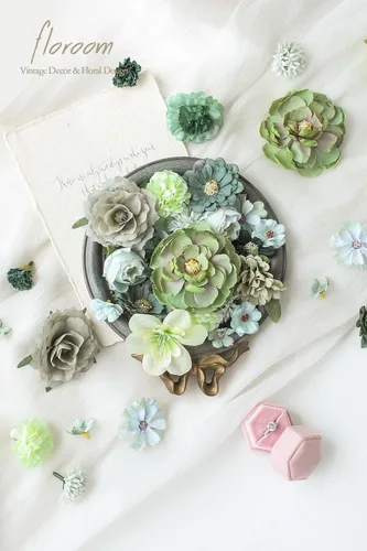 Miniatura 2 de Floroom Mini Cabezas de Flores Artificiales Salvia y Verde Oliva Peonía Falsa Margarita Rosa Multicolor Pequeñas Cabezas de Flores de Seda Sintética