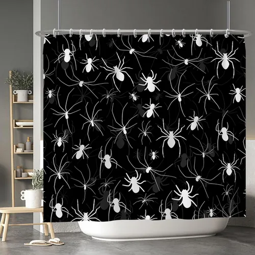 Miniatura 44 de Cortina de ducha de fantasma y gato negro para niños, 36 x 72 pulgadas, espeluznante y bonita, cortina de baño de Halloween con 6 ganchos, cortina