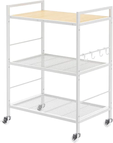 Miniatura 9 de Estante de almacenamiento de metal de 3 niveles con ruedas industriales, estantería de malla con mesa de madera, estante ajustable, 23.6 pulgadas
