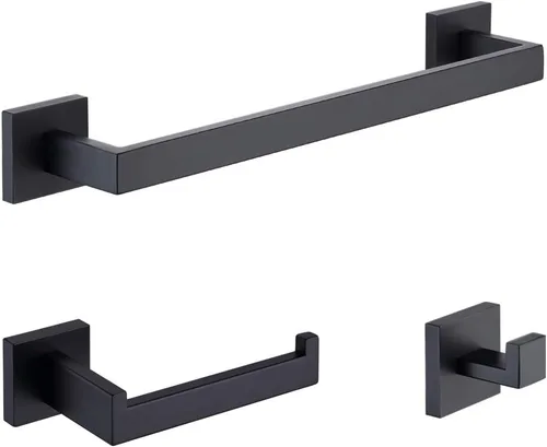 TASTOS Juego de accesorios de baño de 3 piezas, color negro mate, montaje en pared, de acero inoxidable, soporte para papel higiénico, toallero de