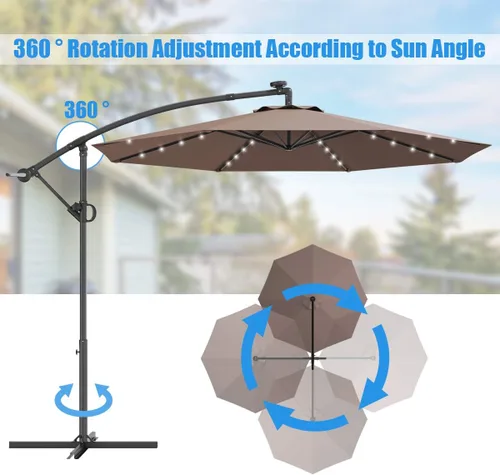 Miniatura 7 de Tangkula Sombrilla solar de patio de 10 pies, sombrilla voladiza para exteriores con rotación de 360 grados, poste de aluminio, fácil ajuste de Café